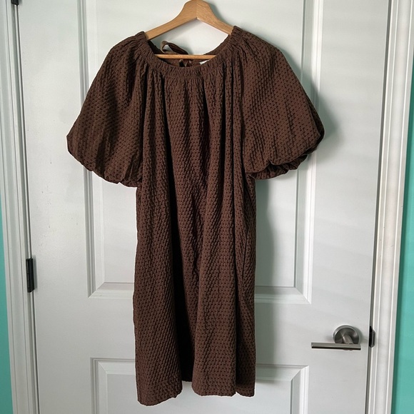 JADE Gather Neck Tie Back Dress - Brown - Picture 3 of 7